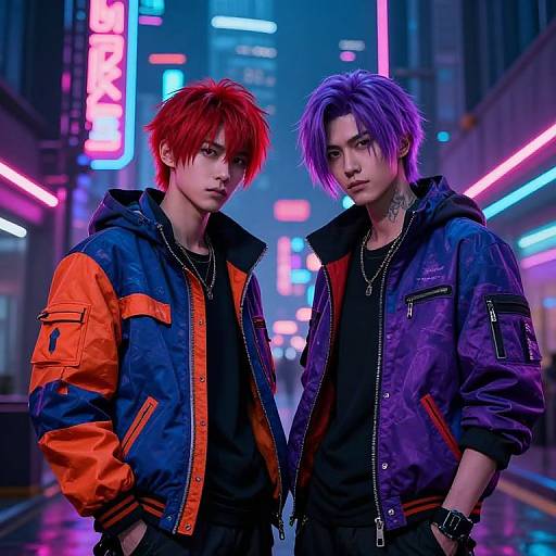 Photorealistic digital art of two androgynous, tattooed individuals with red and purple hair, wearing colorful jackets, standing in a neon-l