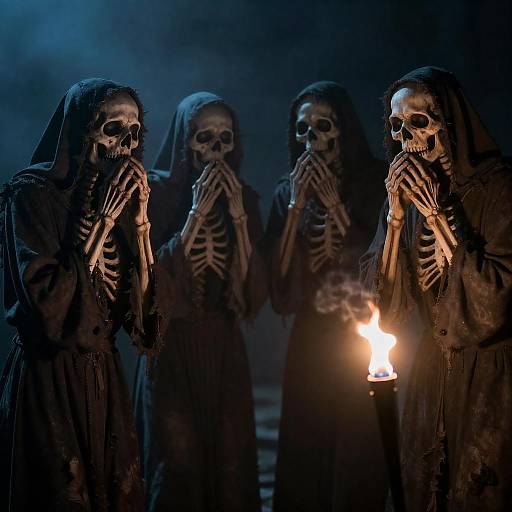 Four Blue-Lit Whispering Skeletal Figures