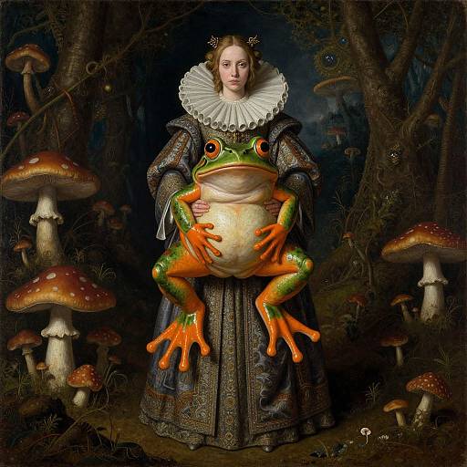 Photorealistic painting: Young woman in ornate Renaissance dress cradling large, orange-fingered frog with a rounded belly, surrounded by giant