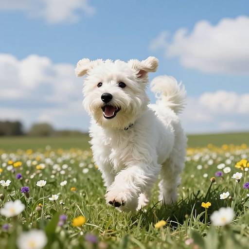Photograph of a fluffy white puppy joyfully running through a colorful meadow of daisies, yellow flowers, and a bright blue sky with fluffy