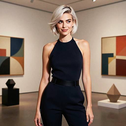 Photograph of a smiling, white woman with short, platinum blonde hair, wearing a sleeveless, black halter top and high-waisted black