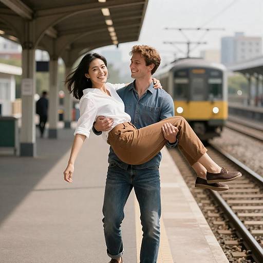 Man Lifting Woman on Train Platform