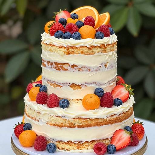 Photograph of a three-tiered cake with white frosting, topped and surrounded by fresh blueberries, raspberries, strawberries, and orange slices.