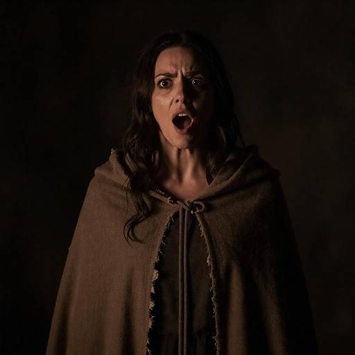 Shocked Woman in Tattered Brown Cloak