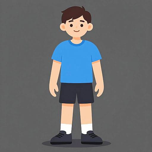 Cartoon-style digital drawing of a young boy with brown hair, fair skin, wearing a blue shirt, black shorts, white socks, and black sneakers