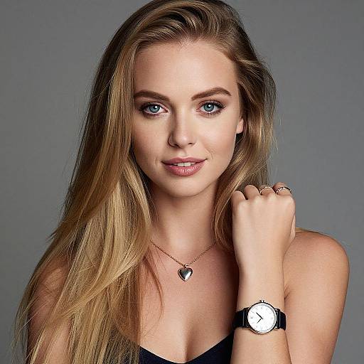 Photograph of a beautiful blonde woman with blue eyes, wearing a black strap top, heart necklace, and wristwatch, against a gray background.
