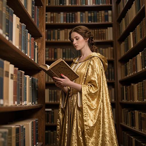 Photograph of a fair-skinned woman with brown hair in a gold, medieval-style robe, standing in a dimly lit library, reading a book