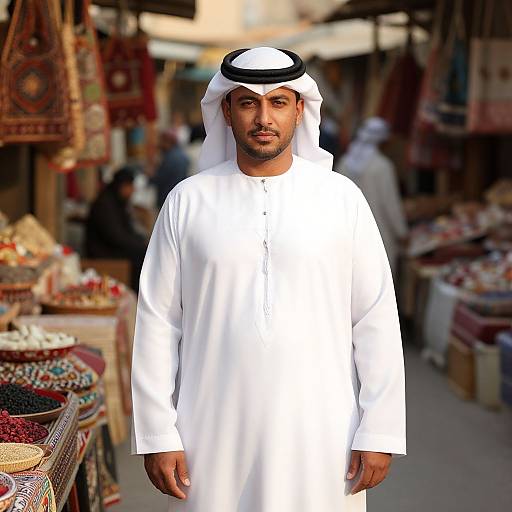 Photograph of a Middle Eastern man in a white traditional thobe and black and white kufi, standing in a colorful outdoor market.
