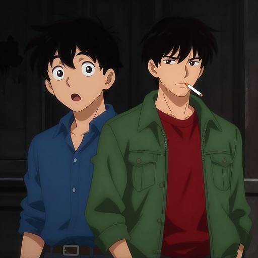 Digital anime-style illustration of two young men: one with wide eyes and blue shirt, the other with cigarette and green jacket.