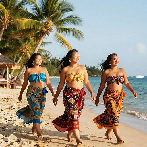Three smiling Asian women in colorful strapless sarongs and blue, yellow, and orange wraps walking hand-in-hand on a sunny tropical beach with palm trees