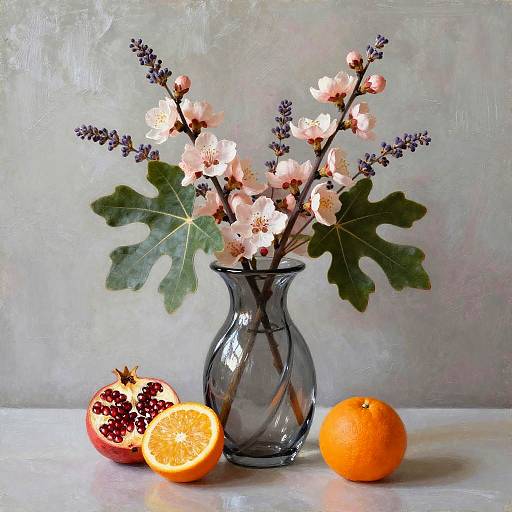 Photograph of a glass vase with pink flowers and green leaves, flanked by a halved pomegranate and an orange, against a textured