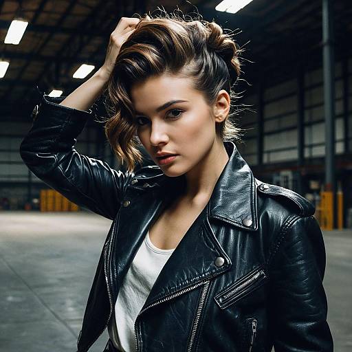 Fashion Model with Twisted Crown Hairstyle in Leather Jacket