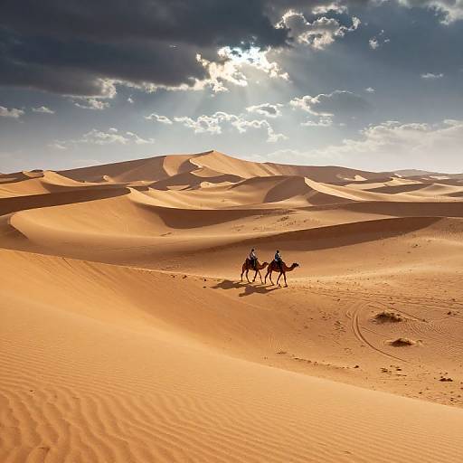 Photograph of two people riding camels across a sunlit, golden desert with rolling sand dunes under a partly cloudy blue sky.