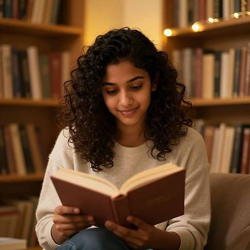 Photograph of a curly-haired woman with medium brown skin, wearing a white sweater, reading a book in a warmly lit, bookshelf-filled room.