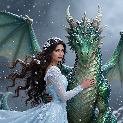 A beautiful woman in a snowflake-embellished white dress touches a green dragon's chest in a snowy, magical forest. CGI art.