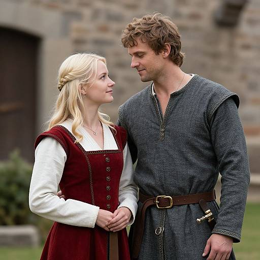 Photograph of a blonde woman in a red medieval dress and a brown-haired man in a gray tunic, standing close, holding hands outdoors against a