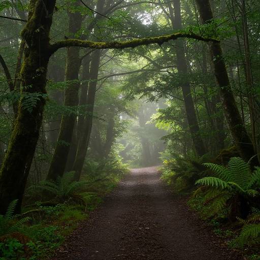 Photograph of a misty forest path, surrounded by tall trees, vibrant green ferns, and moss-covered branches, with sunlight filtering through the dense