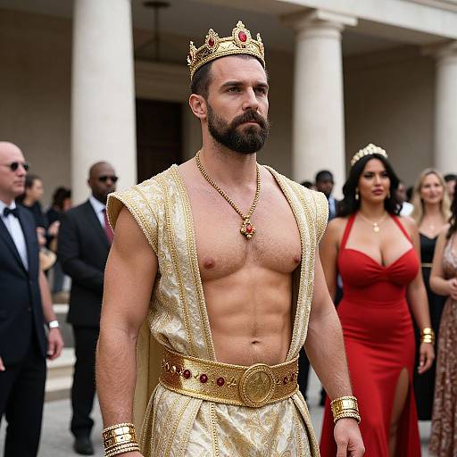 Photograph of a muscular, bearded man with a crown, gold robe, and necklace, standing in a crowd of formally dressed people. Background includes