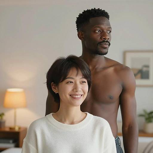 Smiling Woman with Shirtless Man Indoors