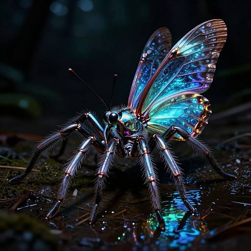 Photograph of a glowing, iridescent butterfly with vivid blue, green, and purple wings, detailed black and white legs, and reflective body,