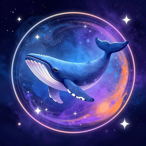Digital artwork of a blue whale with glowing white pectoral fins floating within a vibrant, glowing purple and orange cosmic circle. Starry background. Wh
