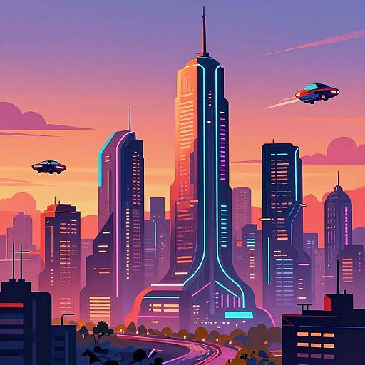 Cartoon Futuristic Neon Cityscape