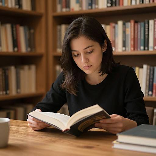 Photograph of a young woman with dark shoulder-length hair, wearing a black sweater, intently reading a book at a wooden table in a library with
