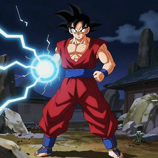 Digital drawing of Super Saiyan Goku from Dragon Ball, standing in a dark, rocky village at night, emitting blue lightning from his right hand.