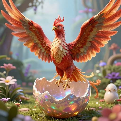 Digital artwork of a vibrant red phoenix with outstretched wings emerging from a broken, iridescent egg in a magical forest.