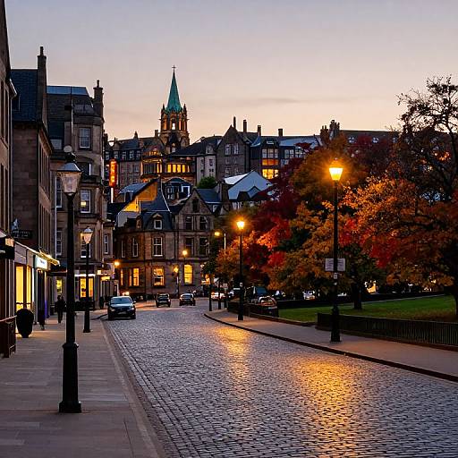 Photograph of a cobblestone street at dusk, lined with historic buildings, illuminated street lamps, and autumn trees, with a church steeple