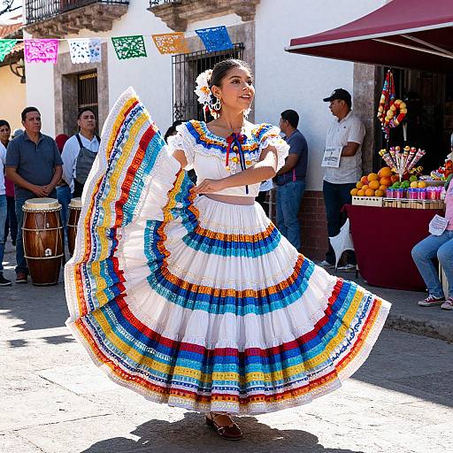 Photograph of a Mexican woman in a colorful traditional dress, performing a dance on a sunlit street, with onlookers and market stalls in the