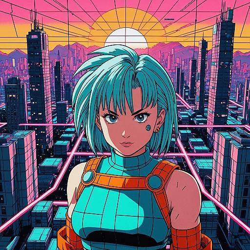 Retro-Futuristic Bulma in Neon Cityscape