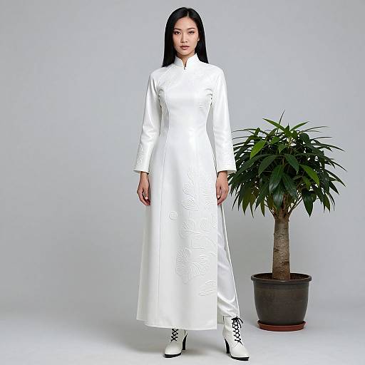 Photograph of an East Asian woman with long black hair, wearing a white long-sleeve traditional dress and white lace-up boots, standing in front