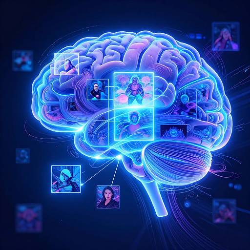 Digital illustration of a glowing blue brain with holographic photos of people connected to its surface, set against a black background.