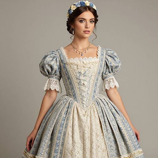 Photograph of a fair-skinned woman with dark hair in an elegant blue and white Renaissance-style gown, adorned with lace and floral headpiece, standing