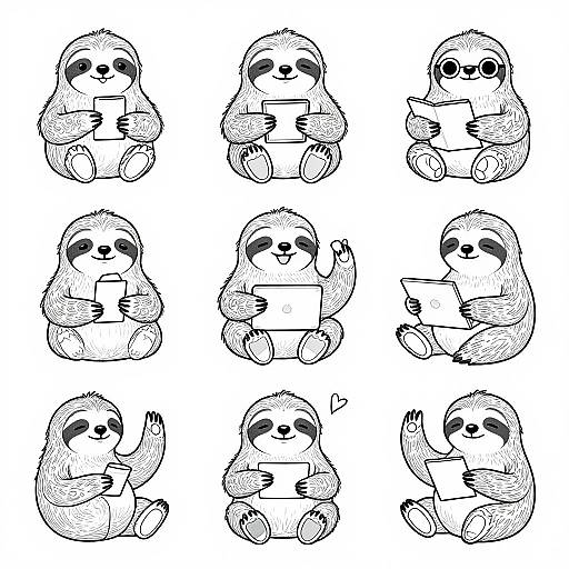 Black and white digital drawing of nine cute, chubby sloths sitting and holding tablets, each in a different pose.