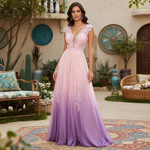 Photograph of a woman with dark hair in a deep V-neck, lavender-to-pink lace gown, standing in an outdoor courtyard with wicker furniture