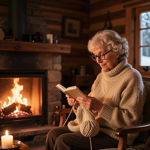 Photograph of an elderly woman with short white hair, glasses, and a beige knit sweater, reading by a cozy log cabin fireplace with candles lit.