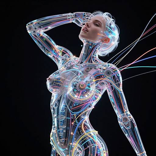 Digital CGI image of a glowing, transparent, futuristic female robot with neon lights, posing confidently against a black background.
