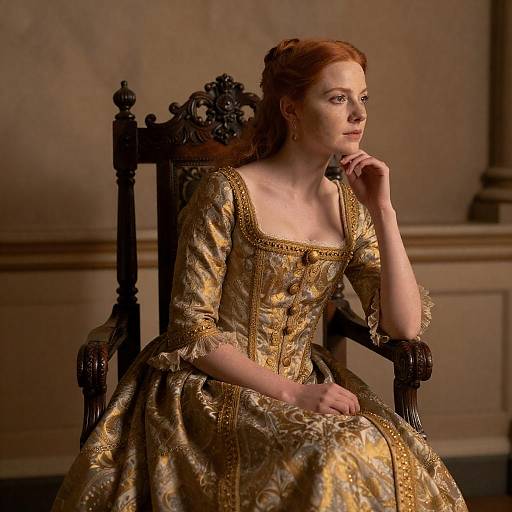 Red-haired Woman in Ornate Gold Gown Sitting on Dark Wooden Chair
