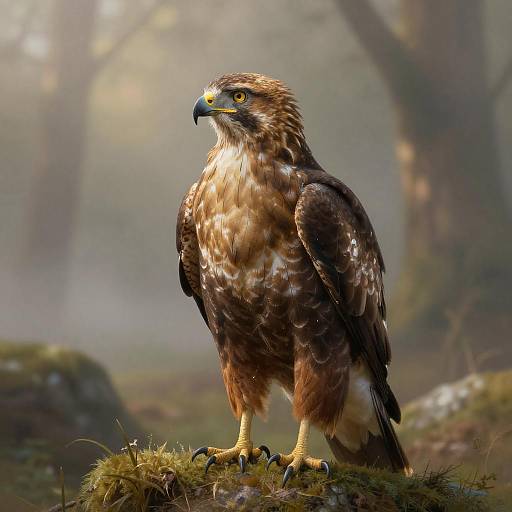 Ancient Hawk in Misty Golden Forest