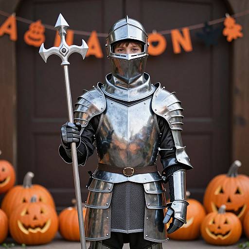 Photograph of a young child in shiny silver knight armor holding a spear, standing in front of carved pumpkins and a 