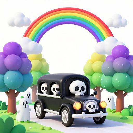 Cartoon-style digital image of a black car with skull decals, surrounded by colorful trees and ghosts, under a vibrant rainbow.