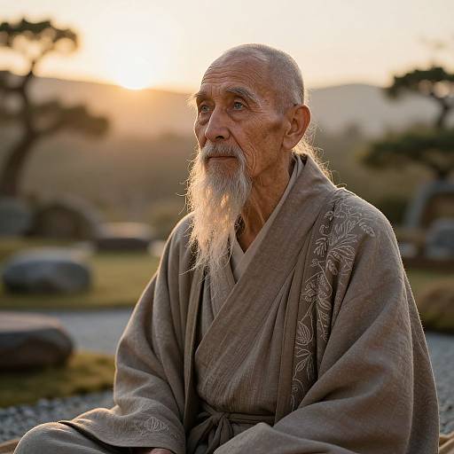 Photograph of an elderly Asian man with a long white beard, wearing a patterned gray kimono, sitting outdoors at sunset.