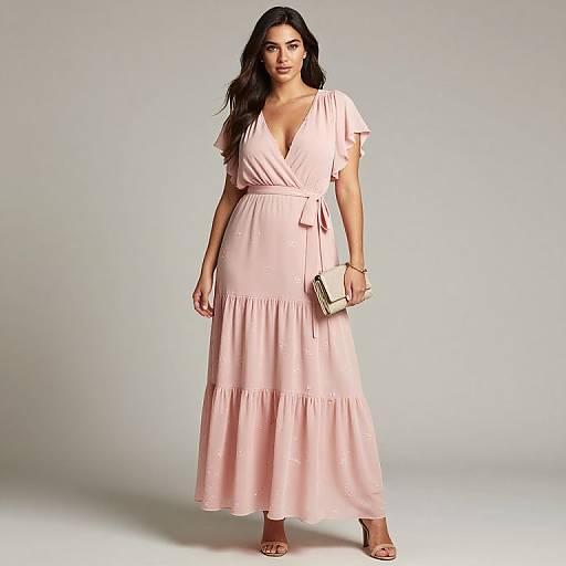 Photograph of a dark-haired woman in a pink, V-neck, long-sleeve dress with a tied waist, holding a gold clutch, standing