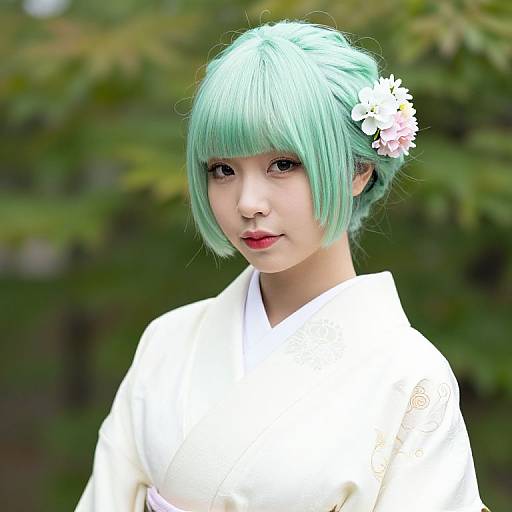 Woman in Kimono with Green Wig