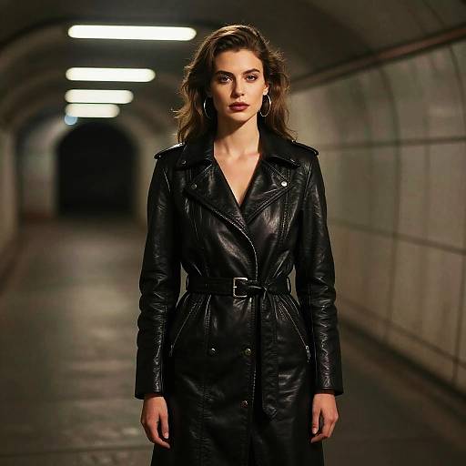 Stylish Woman in Black Leather Coat in Subway Tunnel