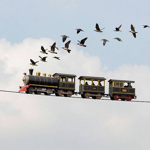 Photograph of a black steam locomotive with yellow accents, pulling a black passenger car, flying birds overhead, against a bright blue sky.