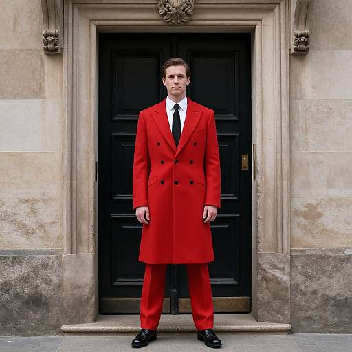 Photograph of a tall, white man in a bright red double-breasted overcoat, black tie, and red pants, standing in front of a