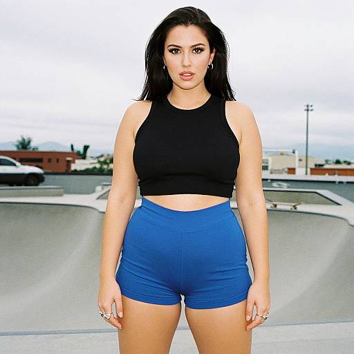 Photograph of a curvy woman with long black hair, wearing a black crop top and blue high-waisted shorts, standing in a parking lot